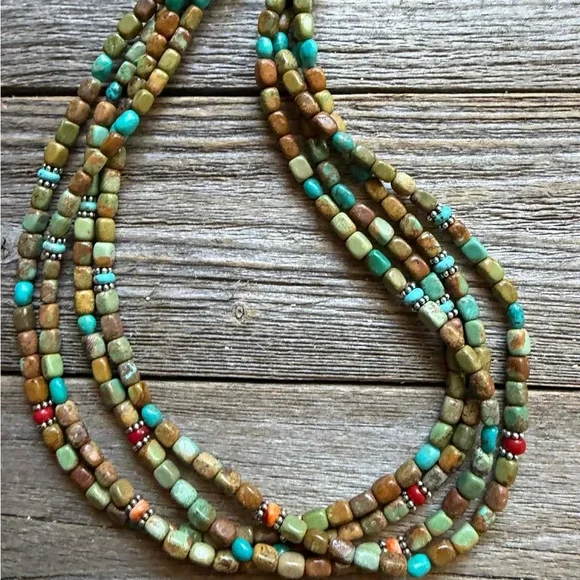 Sterling silver sourhwestern blue green turquoise multistrand necklace 24 inch